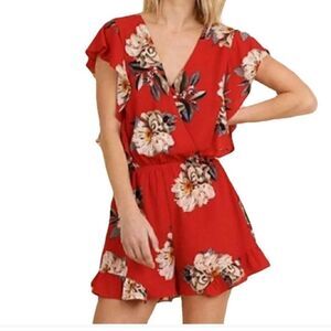 Umgee Women’s Red Floral Romper Size Small V-Neck Lightweight Ruffle Hem USA